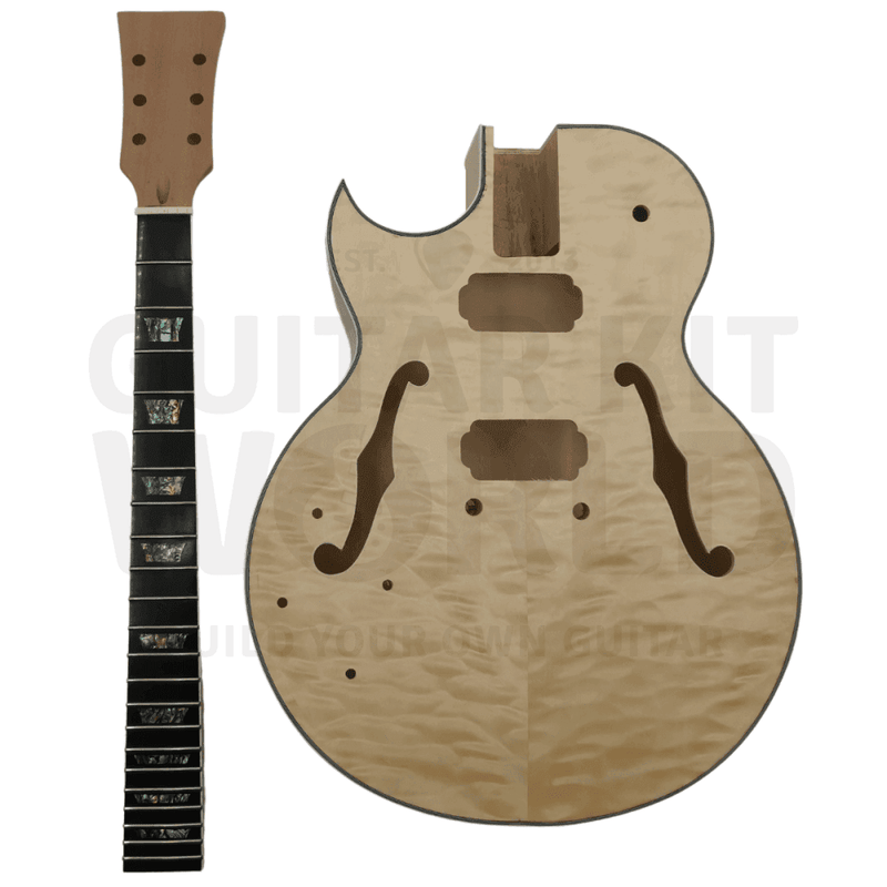 Lefty E175 Hollow Body Guitar Kit w/ F-Holes, Florentine-style Single Cutaway, Quilted Maple Veneer