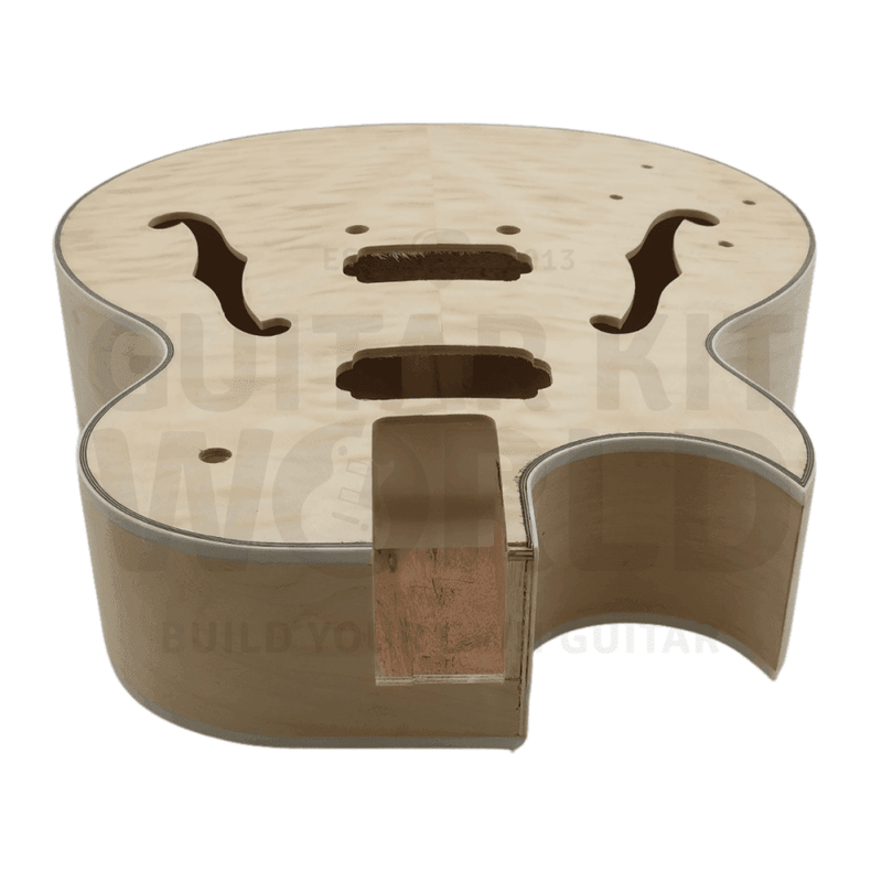 Lefty E175 Hollow Body Guitar Kit w/ F-Holes, Florentine-style Single Cutaway, Quilted Maple Veneer