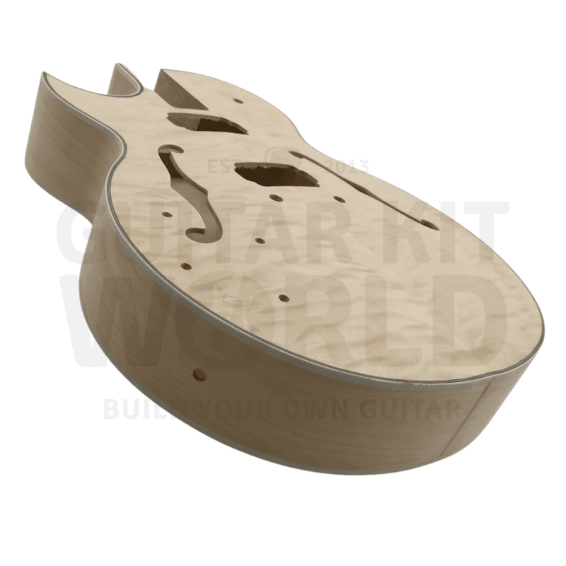 Lefty E175 Hollow Body Guitar Kit w/ F-Holes, Florentine-style Single Cutaway, Quilted Maple Veneer