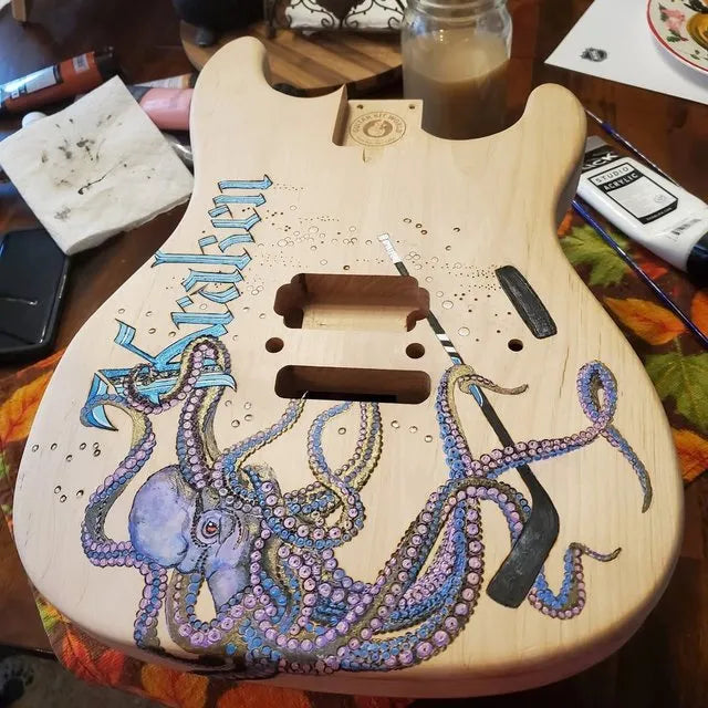 Rich's hand-painted Kraken-themed guitar in progress on a GKW kit